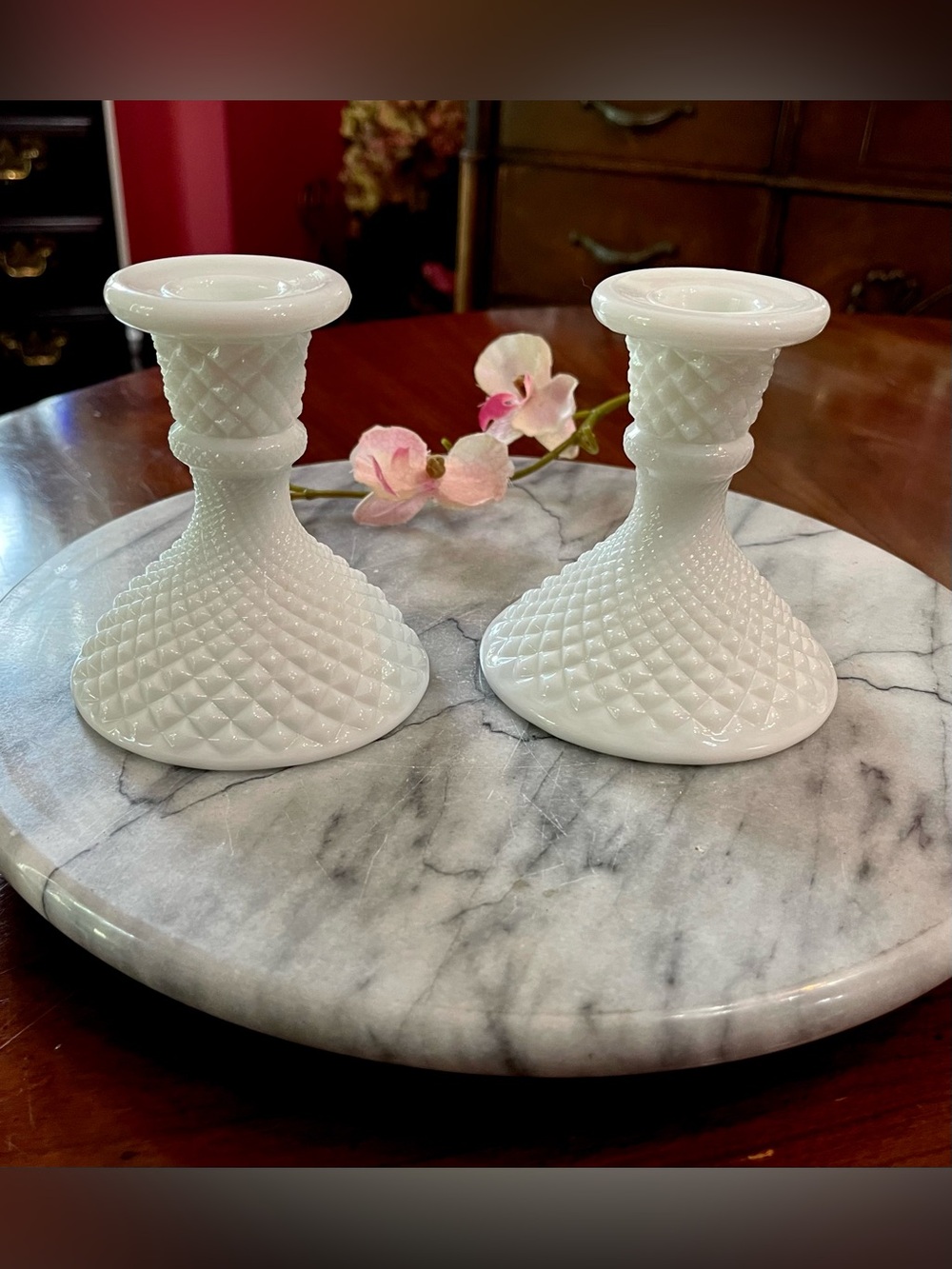 Vintage Westmoreland Milk Glass Candlestick Holders English Hobnail Set of 2